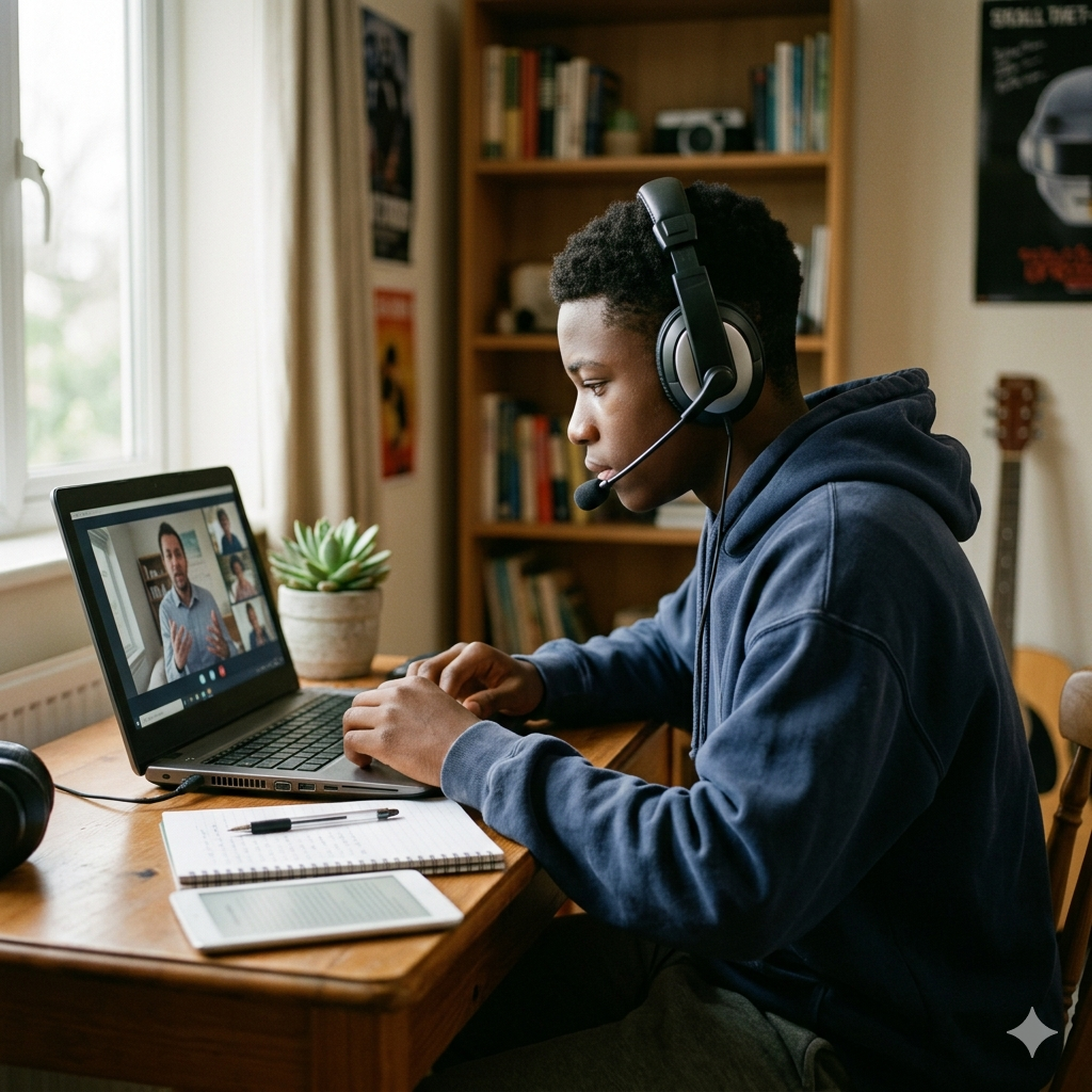 Student attending an online tutoring session at home
