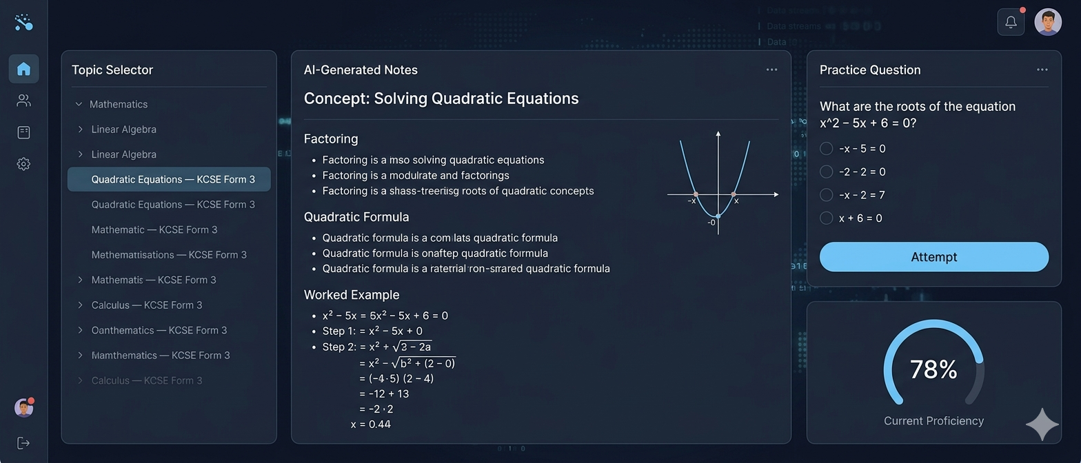 AI tutoring platform mockup showing notes, questions and gap analysis
